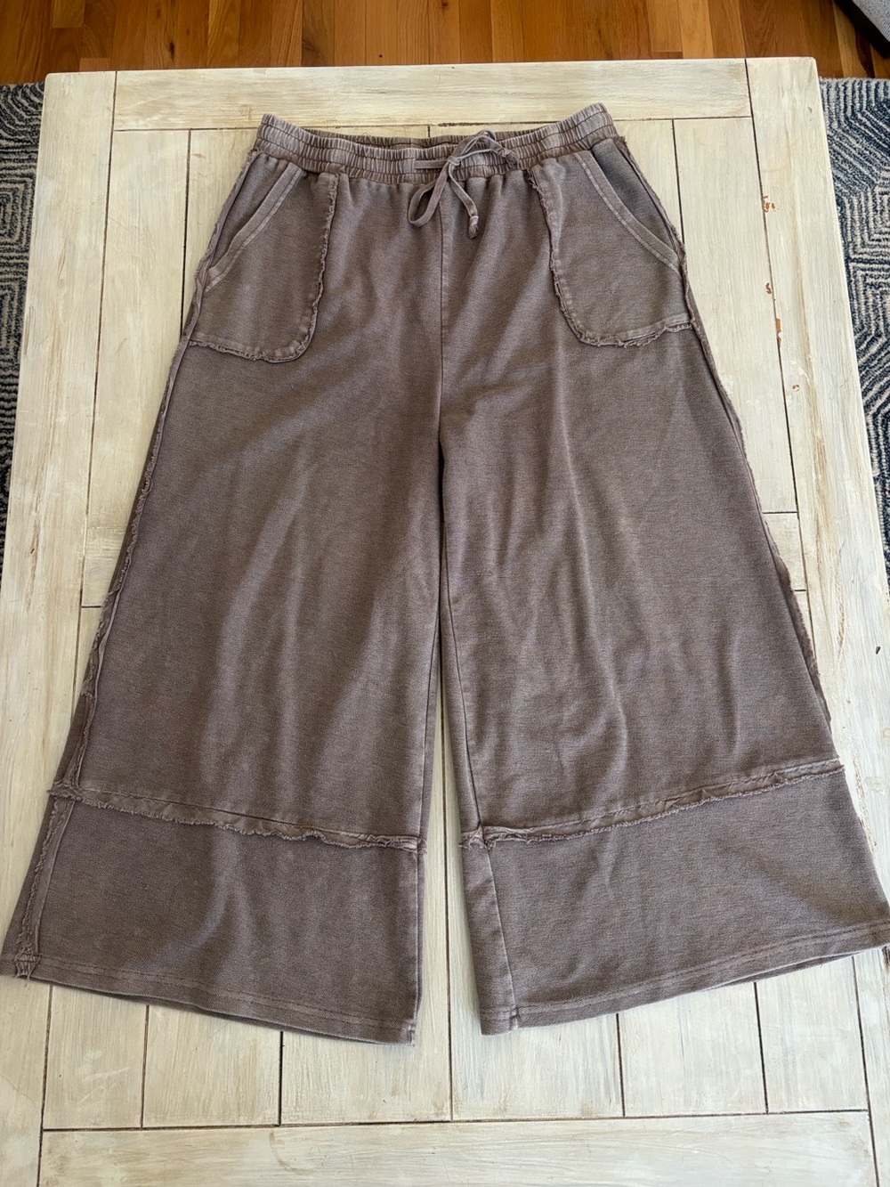 Easel Brown Gray Wide Leg Drawstring Knit Pants 1X